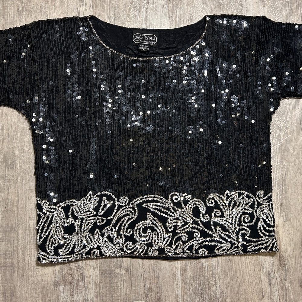 Vintage Black Sequin Top with Silver Embroidery